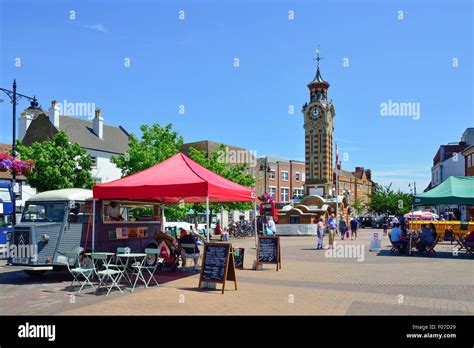 Clock Tower And Market Stalls High Street Epsom Surrey England