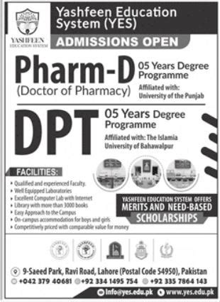 Yashfeen Education System Yes Lahore Admissions For Pharm D Dpt