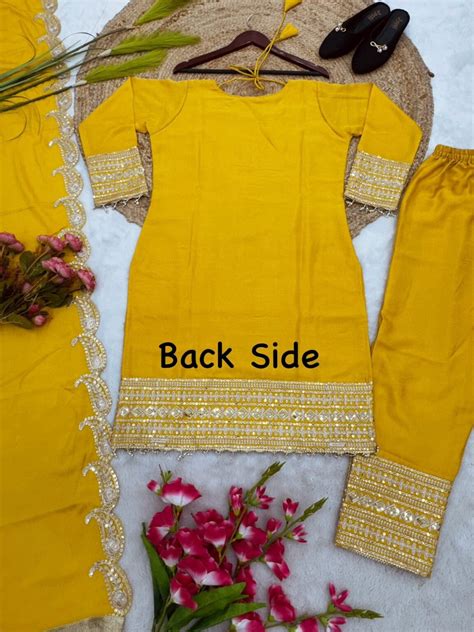 Yellow Colour Pure Chinnon Silk With Heavy Embroidery Suit Sareeswala