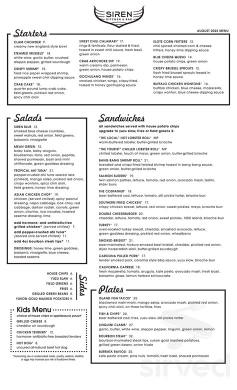Siren Kitchen & Bar menus in Essex, Connecticut, United States