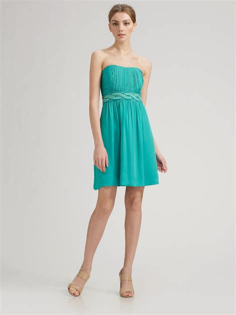 Shoshanna Strapless Shirred Silk Dress In Green Lyst