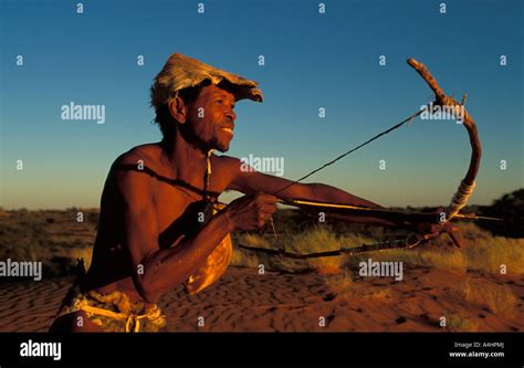 Bushman San Man Hunting With Bow And Arrow Kalahari Northern Cape South