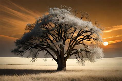 Uma Rvore Em Um Campo Montanhas Ao Fundo Foto Premium