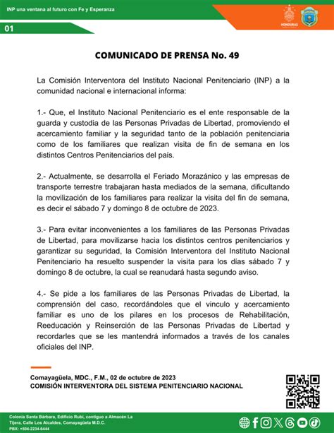 Comunicado de Prensa No 49 Suspensión de Visita Familiar Conyugal