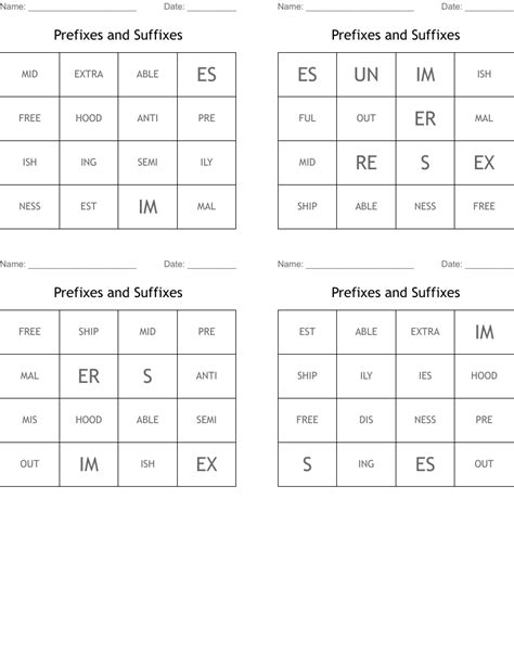 Prefixes And Suffixes Bingo Cards Wordmint