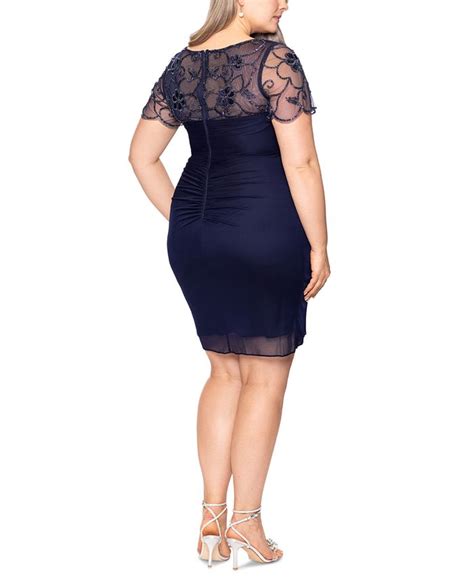 Xscape Plus Size Beaded Illusion Trimmed Ruched Dress Macys