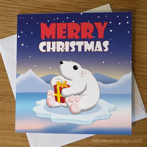 Cartoon Polar Bear Christmas Card Greeting Cards Ride A Wave Design