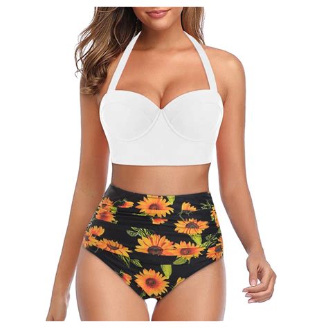 WREESH Womens High Waisted Bikini Set Halter Push Up Bikini Sets Floral