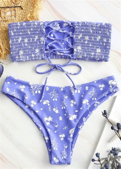 Zaful Floral Print Lace Up Smocked Bikini Set Light Slate Blue