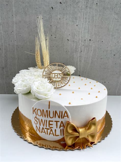 Biało złoty tort komunijny CakeRoom pl