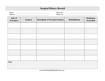 Printable Surgical History Record Emergency Binder Medical Binder