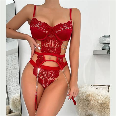 Seductive Red Lingerie Hollow Out Lace Lingerie Halter Tops With Garter