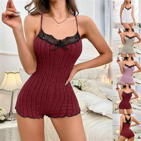 FRSASU Women's Lace Trim One Piece Sleepwear Spaghetti Strap Backless
