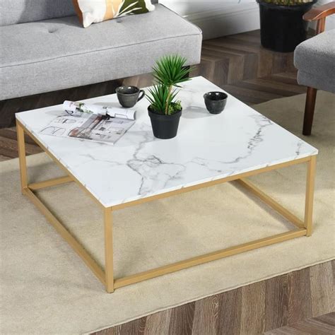 Homylin Table Basse Carré Imitation Marbre Structure Acier Doré 80x80cm