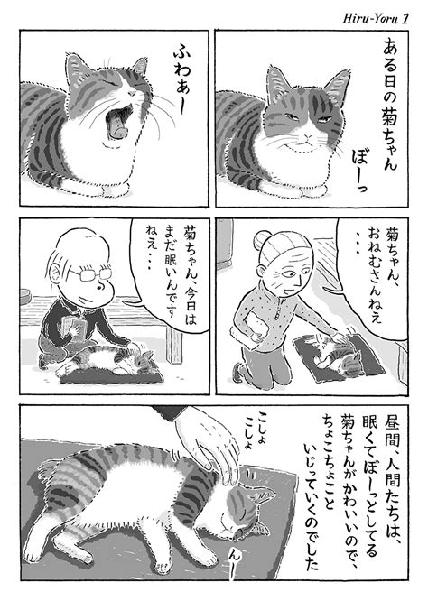 「2ページ猫漫画「ある日の昼と夜」 猫の菊ちゃん 」湊文『猫の菊ちゃん』の漫画