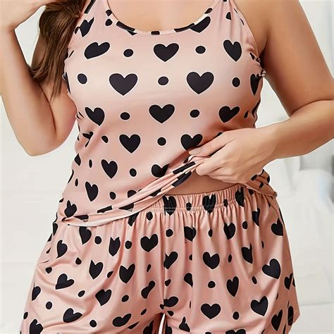 Plus Size Casual Loungewear Two Piece Set Womens Plus Heart Print Cami