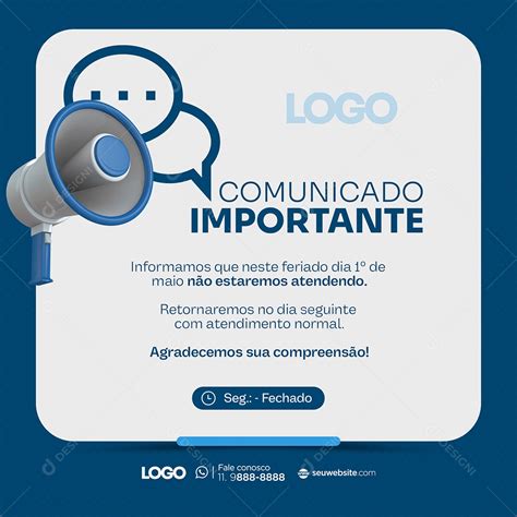 Comunicado Feriado Dia do Trabalhador Social Media PSD Editável