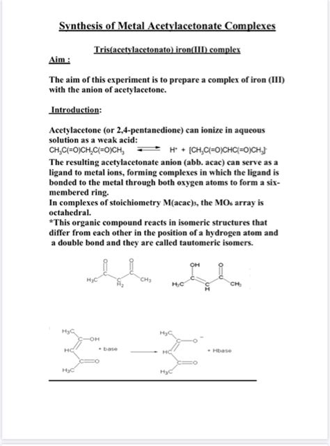 Solved Synthesis of Metal Acetylacetonate Complexes | Chegg.com