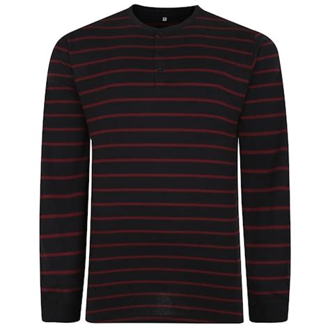 Bigdude Striped Long Sleeve Grandad T Shirt Blackburgundy Bigdude