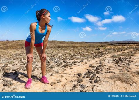 Trail Runner Woman Tired Breathing Hard During Ultra Running Cardio Exercise Exhausted On