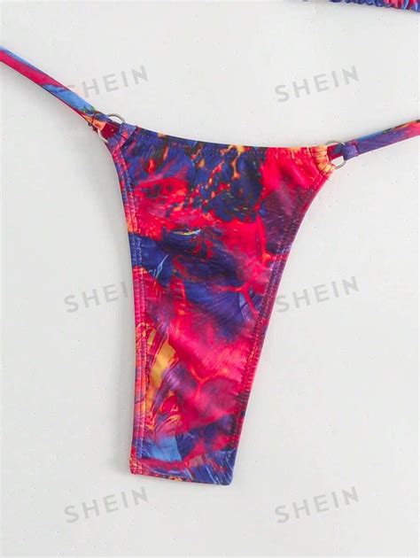 Shein Swim Sxy Summer Beach Tie Dye Print Halter Triangle Thong Bikini