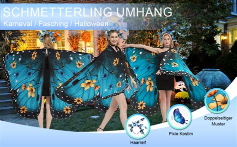 Panthem Karnevalskostüm Damen Schmetterling Umhang Für Fasching Mit Haarreif