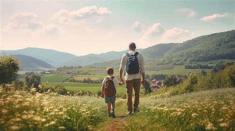 Premium Photo Father And Son Walk In Nature Generative Ai