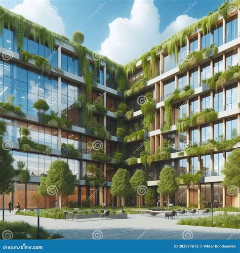 Modern Eco-friendly Green Office Building with Green Plants Stock Photo