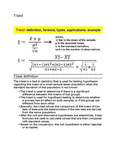 T Test Notes T Test T Test Definition The T Test Is A Test In