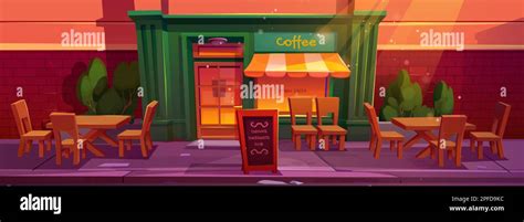 Cafe exterior with table and chair outside cartoon background. Outdoor ...