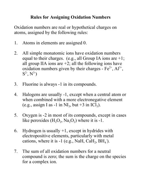 Rules for Assigning Oxidation Numbers