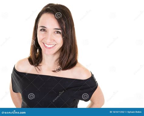 Portrait Of Beautiful Brunette Smiling Woman Happy On White Background Stock Photo Image Of