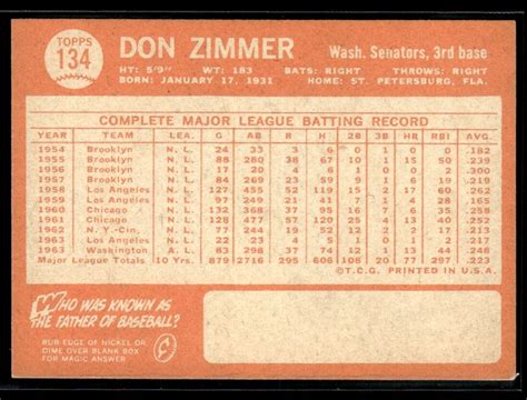 1964 Topps Baseball Don Zimmer Washington Senators 134 EBay