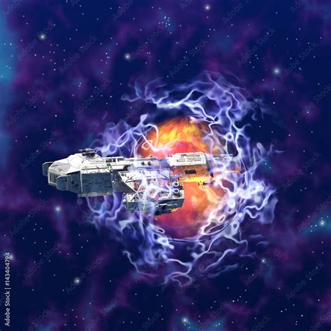 spaceship wreckage trapped in an interdimensional gate, 3d illustration ...