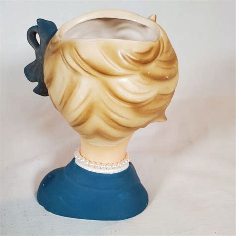 Vintage Napco Blonde Lady Head Vase W Deep Blue Green Jacket Pearl