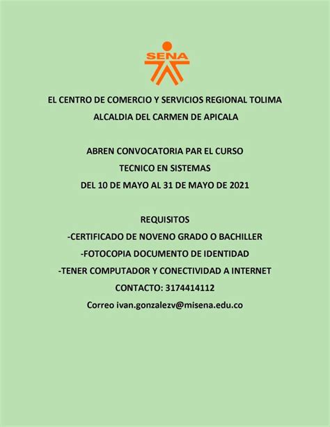 Convocatoria Sena T Cnico En Sistemas Alcald A Municipal Carmen De