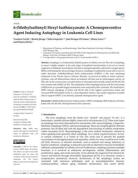 PDF 6 Methylsulfonyl Hexyl Isothiocyanate A Chemopreventive Agent