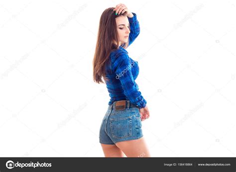 Sexy Brunette Teen In Denim Shorts And Shirt Posing Stock Photo Ponomarencko 156418864