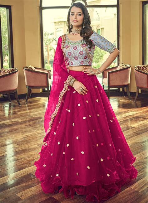 Buy Dark Pink Heavy Nylon Net Sequins Embroidered Umbrella Lehenga