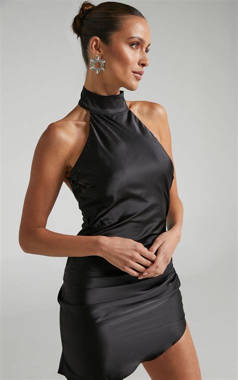 Kristelle Mini Dress Low Back Halter Dress In Black Showpo