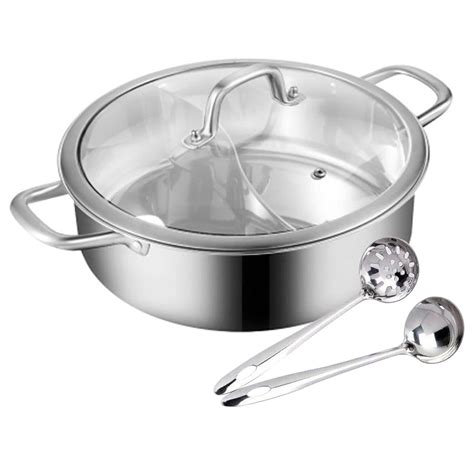 Hot Pot, 12.6" Dual Sided Divider Soup Cooking Pot 304 Stainless Steel with Divider and Glass ...