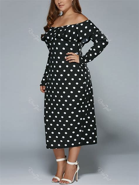 53 Off Plus Size Off Shoulder Long Sleeve Polka Dot Midi Dress Rosegal