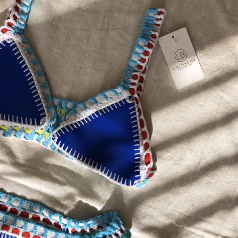 Blue And Multi Colour Crochet Neoprene Bikini Size Depop