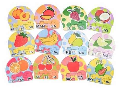 12 Kits Quebra Cabeça Mega Impress Educativo Silabas Frutas Madeira