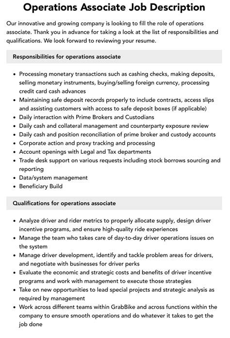 Operations Associate Job Description Velvet Jobs