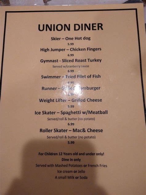 Menu at The Union Diner restaurant, Endwell