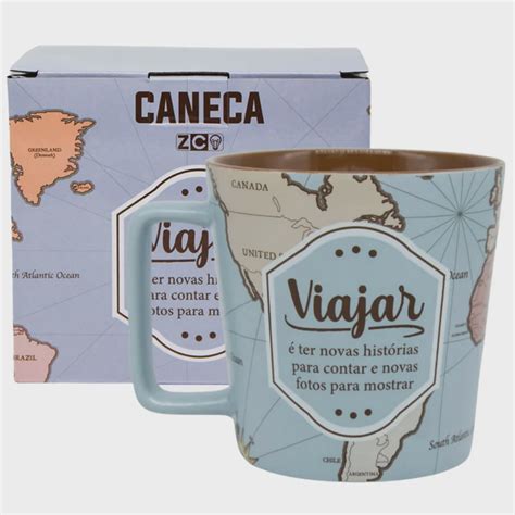 Caneca Viajar é Ter Novas Histórias Mapa Múndi Cerâmica Azul Especial