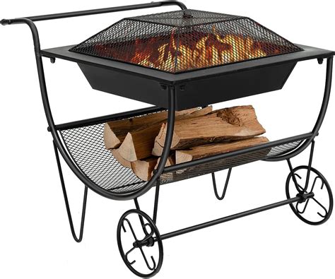 Happygrill Fire Pit with Firewood Rack and Wheels, Multifunctional Wood ...