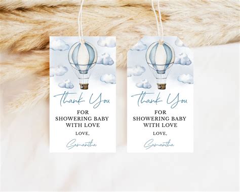 Editable Adventure Awaits Baby Shower Favor Tag Blue Hot Air Balloon Shower Thank You Tag Boy