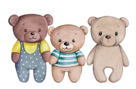 Three Cute Teddy Bear Babies Watercolor Hand Drawn By Teddy Bears